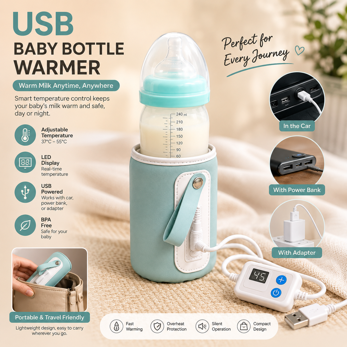 USB Portable Baby Bottle Warmer with Adjustable Temperature Display