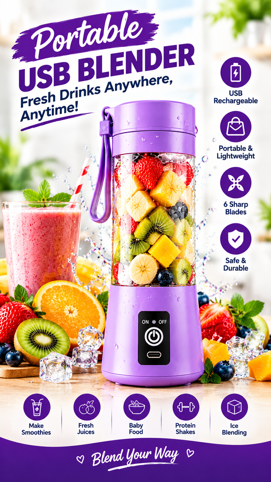 Portable USB Rechargeable Blender | 6-Blade Smoothie & Juice Maker