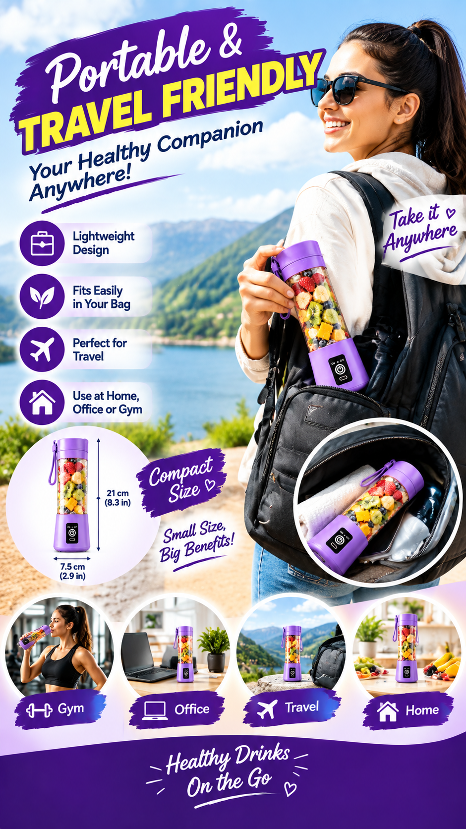 Portable USB Rechargeable Blender | 6-Blade Smoothie & Juice Maker