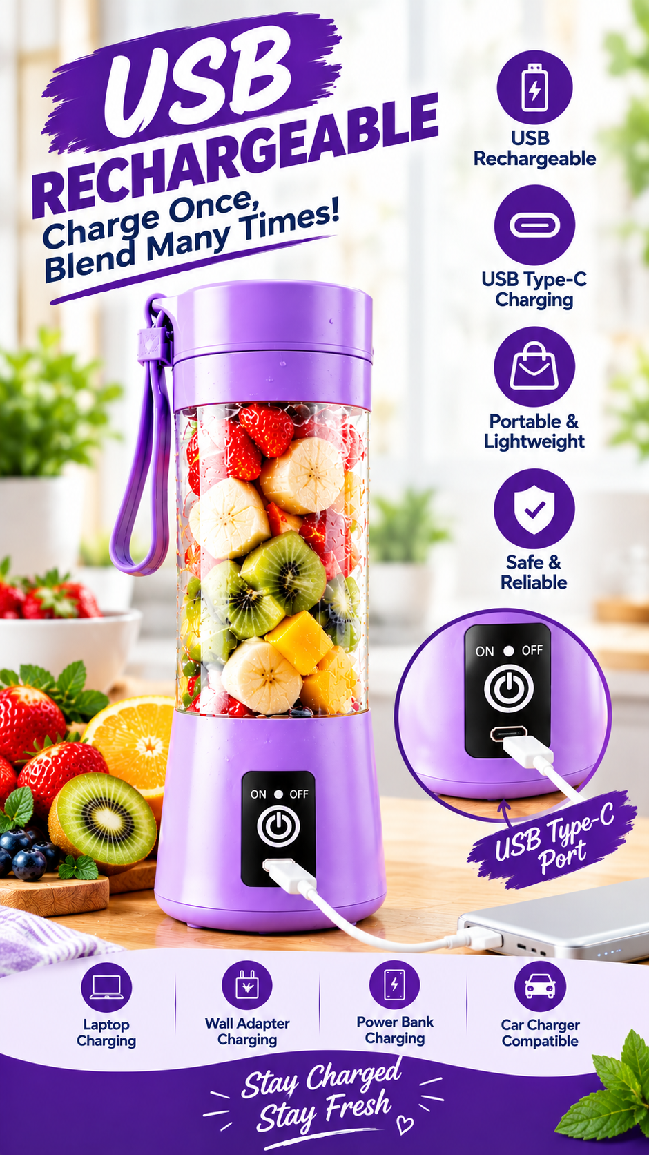 Portable USB Rechargeable Blender | 6-Blade Smoothie & Juice Maker